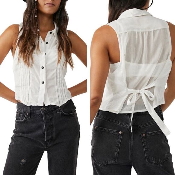 NWT Free People Drive Back Ivory Sleeveless Collar Button Down XS Tank Tux Chic - Picture 1 of 6